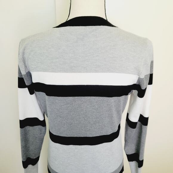 Women's Striped Long Open Cardigan - Black White Gray Size Small Sweater - Picture 6 of 11
